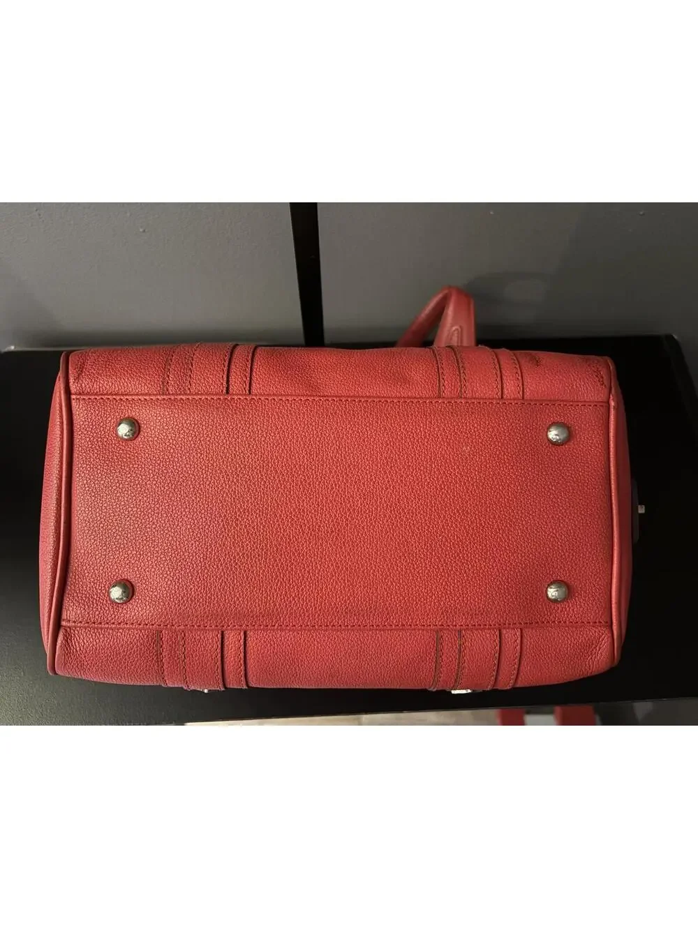 MCM Studded Pebbled Leather Satchel Boston Bag - Coral Red